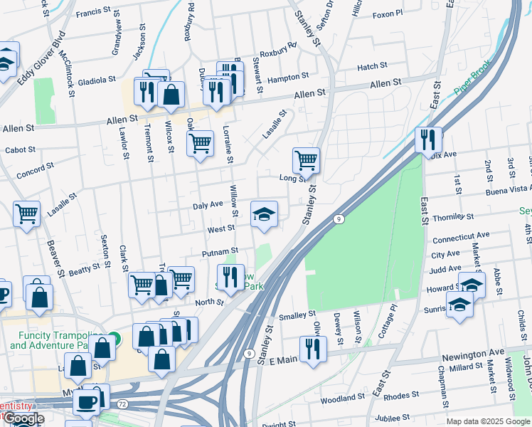 map of restaurants, bars, coffee shops, grocery stores, and more near 186 West Street in New Britain