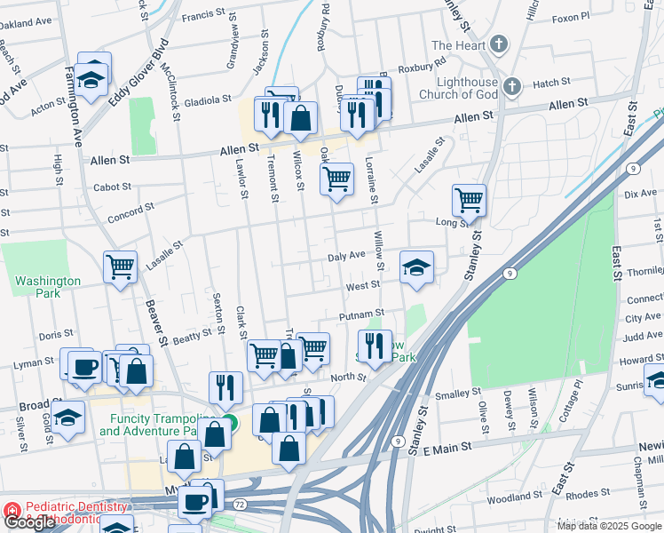 map of restaurants, bars, coffee shops, grocery stores, and more near 126 Oak Street in New Britain