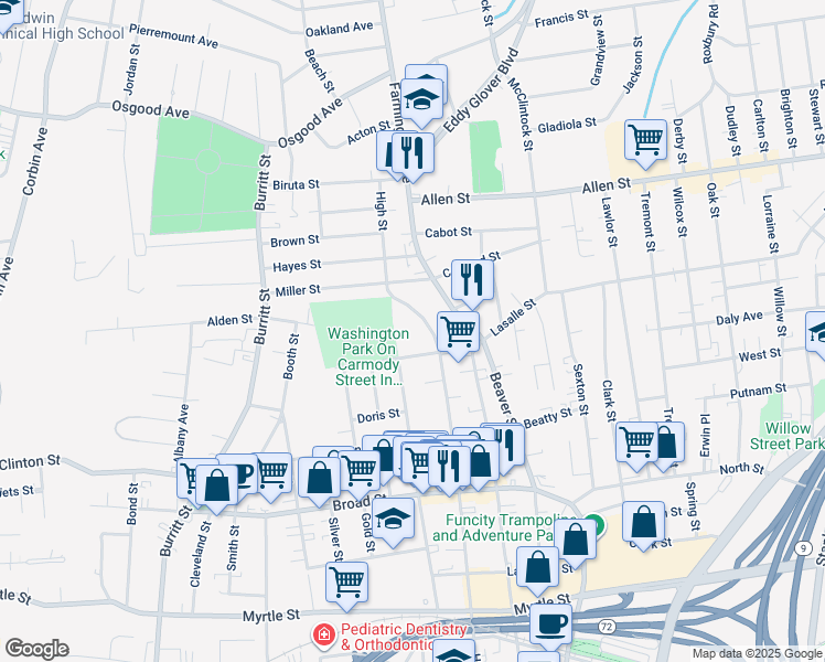 map of restaurants, bars, coffee shops, grocery stores, and more near 370 High Street in New Britain