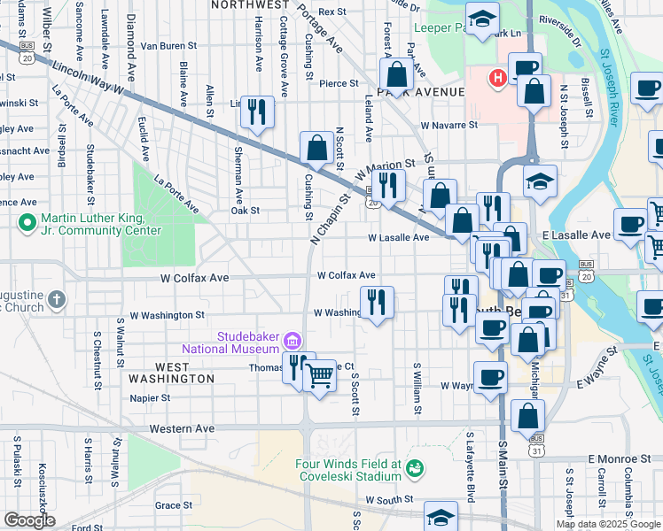 map of restaurants, bars, coffee shops, grocery stores, and more near 724-728 West Colfax Avenue in South Bend