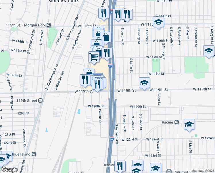 map of restaurants, bars, coffee shops, grocery stores, and more near 11900 South Marshfield Avenue in Calumet Park