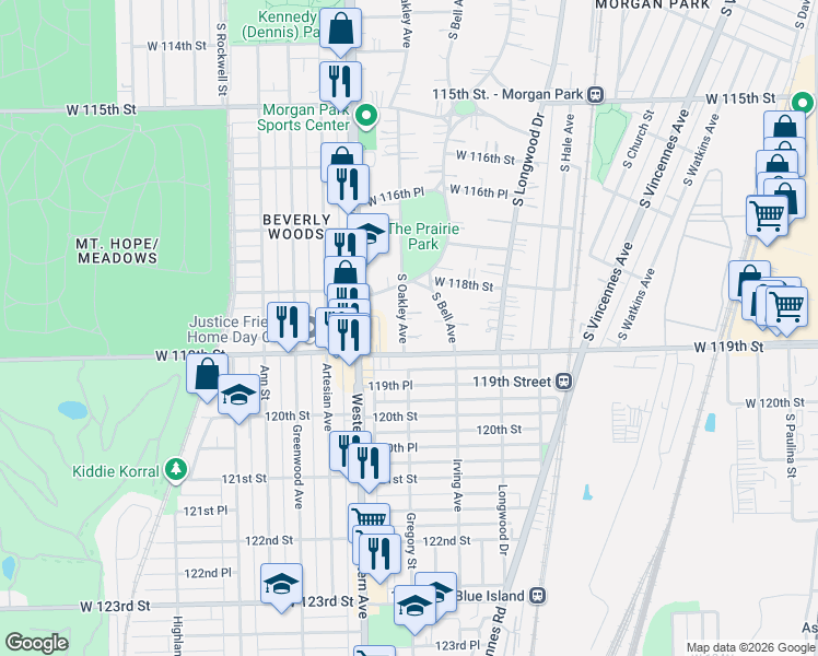 map of restaurants, bars, coffee shops, grocery stores, and more near 2268 West 119th Street in Chicago