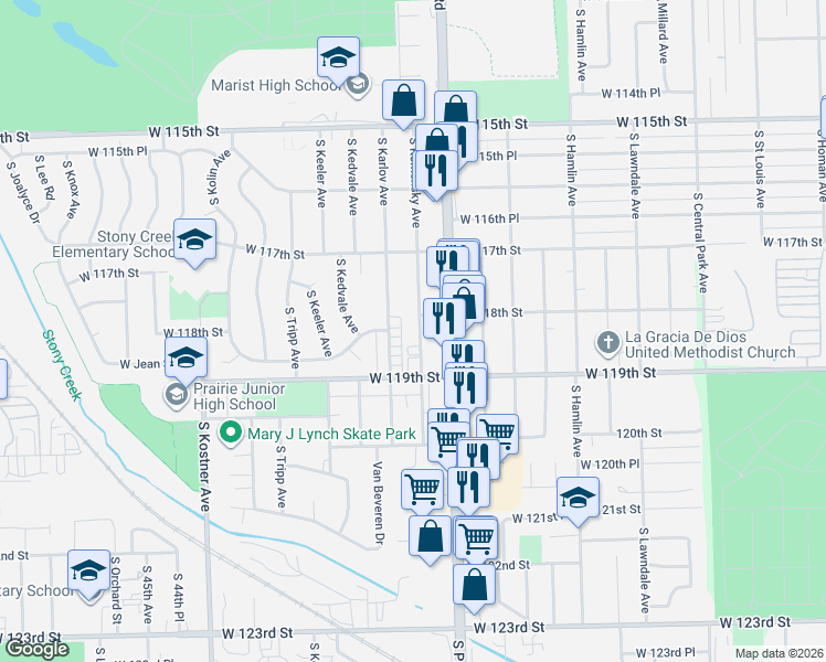 map of restaurants, bars, coffee shops, grocery stores, and more near 11830 South Komensky Avenue in Alsip