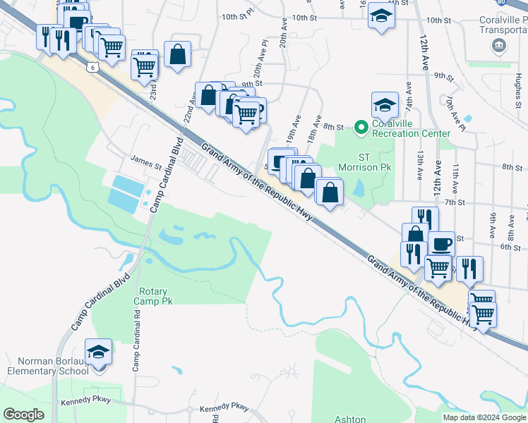 map of restaurants, bars, coffee shops, grocery stores, and more near 2005 James Street in Coralville