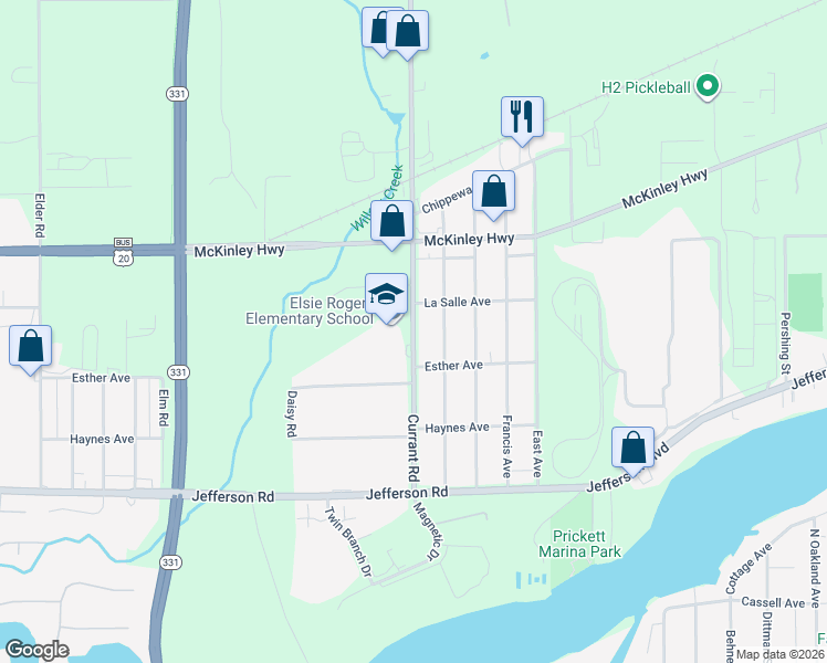 map of restaurants, bars, coffee shops, grocery stores, and more near 56236 Currant Road in Mishawaka