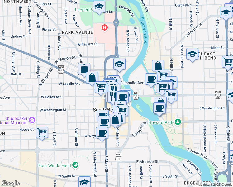 map of restaurants, bars, coffee shops, grocery stores, and more near 237 North Michigan Street in South Bend