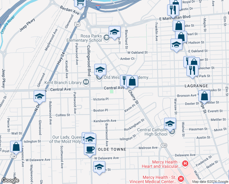map of restaurants, bars, coffee shops, grocery stores, and more near 6 Hyde Place in Toledo