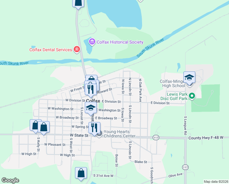 map of restaurants, bars, coffee shops, grocery stores, and more near 203 Jefferson Street in Colfax