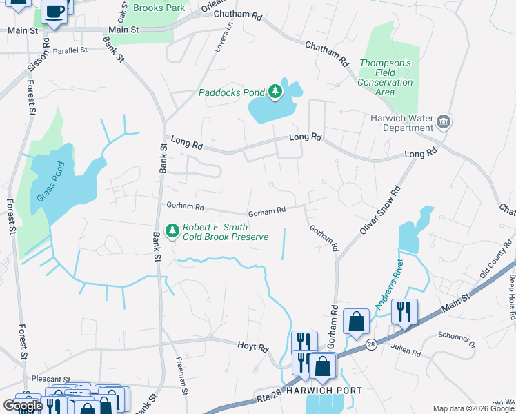 map of restaurants, bars, coffee shops, grocery stores, and more near 63 Gorham Road in Harwich