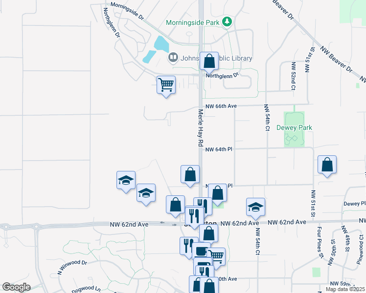 map of restaurants, bars, coffee shops, grocery stores, and more near 6450 Merle Hay Road in Johnston