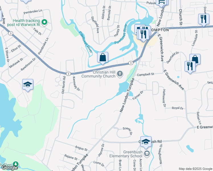 map of restaurants, bars, coffee shops, grocery stores, and more near 26 Field Avenue in West Warwick