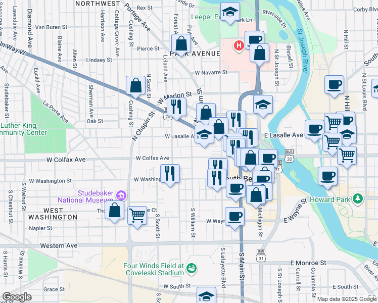 map of restaurants, bars, coffee shops, grocery stores, and more near 501 West Colfax Avenue in South Bend