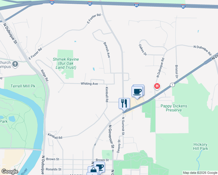 map of restaurants, bars, coffee shops, grocery stores, and more near 631 Kimball Road in Iowa City