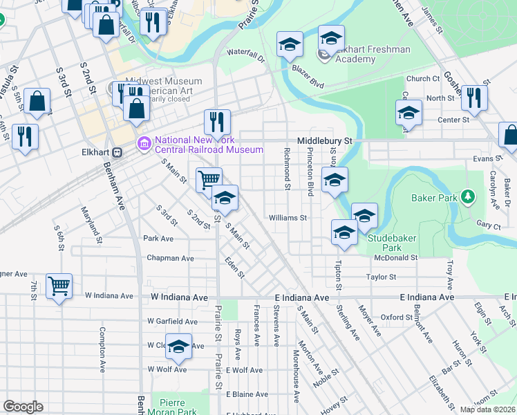 map of restaurants, bars, coffee shops, grocery stores, and more near 1023 Monroe Street in Elkhart