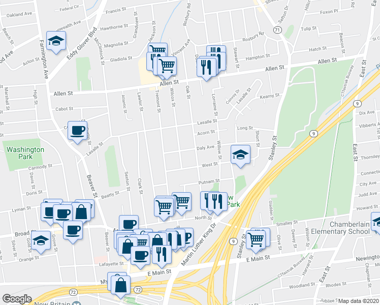 map of restaurants, bars, coffee shops, grocery stores, and more near 59 Daly Avenue in New Britain