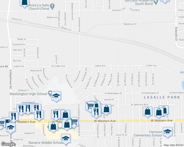 map of restaurants, bars, coffee shops, grocery stores, and more near 224 North Walton Avenue in South Bend