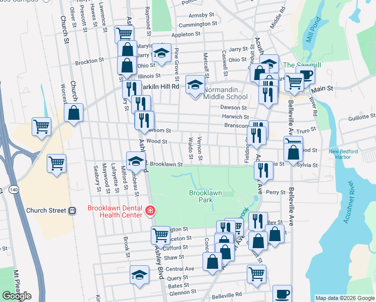 map of restaurants, bars, coffee shops, grocery stores, and more near 10 Waldo Street in New Bedford