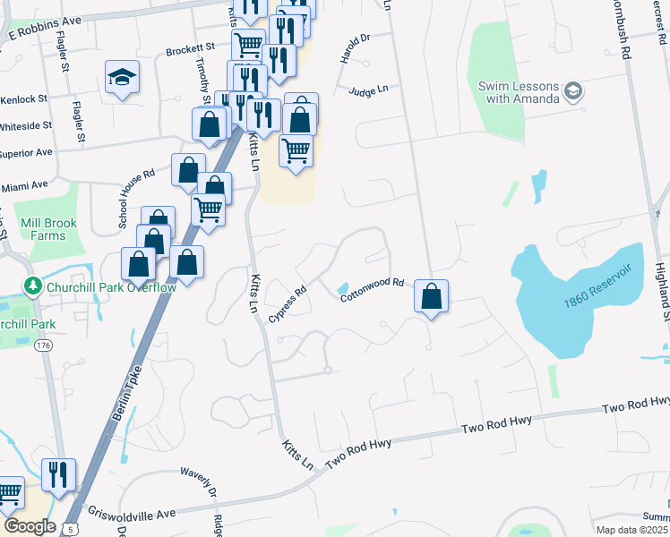 map of restaurants, bars, coffee shops, grocery stores, and more near 182 Cottonwood Road in Newington