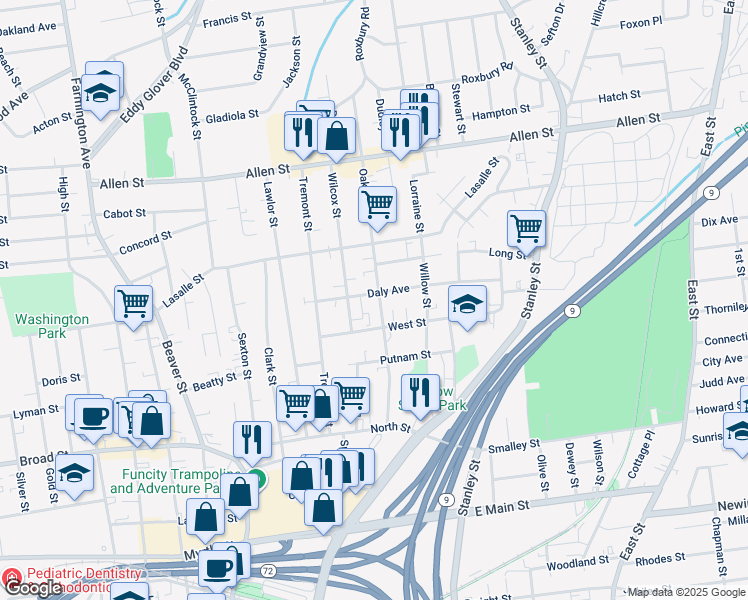 map of restaurants, bars, coffee shops, grocery stores, and more near 126 Oak Street in New Britain