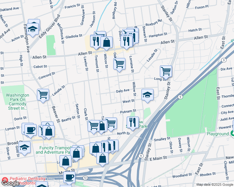 map of restaurants, bars, coffee shops, grocery stores, and more near 126 Oak Street in New Britain