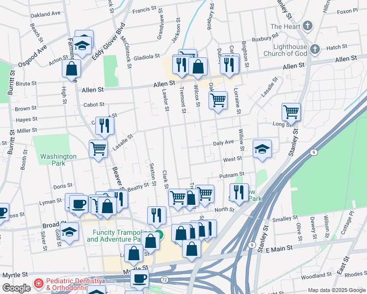 map of restaurants, bars, coffee shops, grocery stores, and more near 132 Tremont Street in New Britain