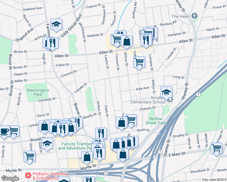 map of restaurants, bars, coffee shops, grocery stores, and more near 132 Tremont Street in New Britain