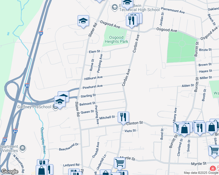 map of restaurants, bars, coffee shops, grocery stores, and more near 71 Sterling Street in New Britain
