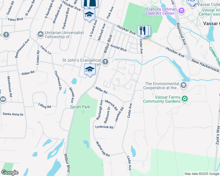 map of restaurants, bars, coffee shops, grocery stores, and more near 12 Miller Road in Poughkeepsie