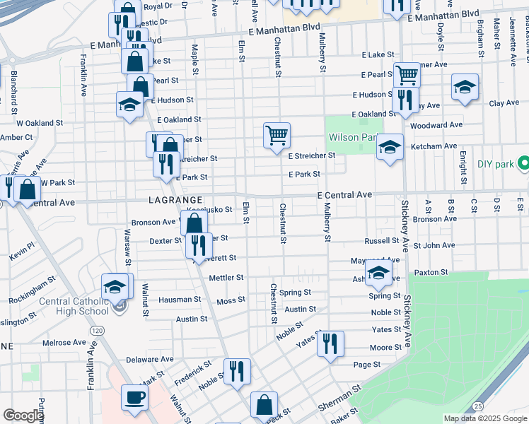map of restaurants, bars, coffee shops, grocery stores, and more near 428 Bronson Avenue in Toledo