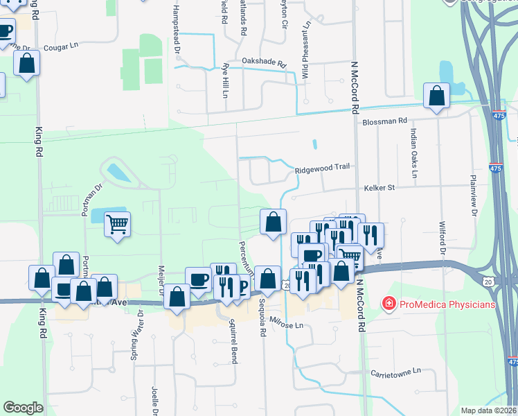 map of restaurants, bars, coffee shops, grocery stores, and more near 3306 Percentum Road in Toledo