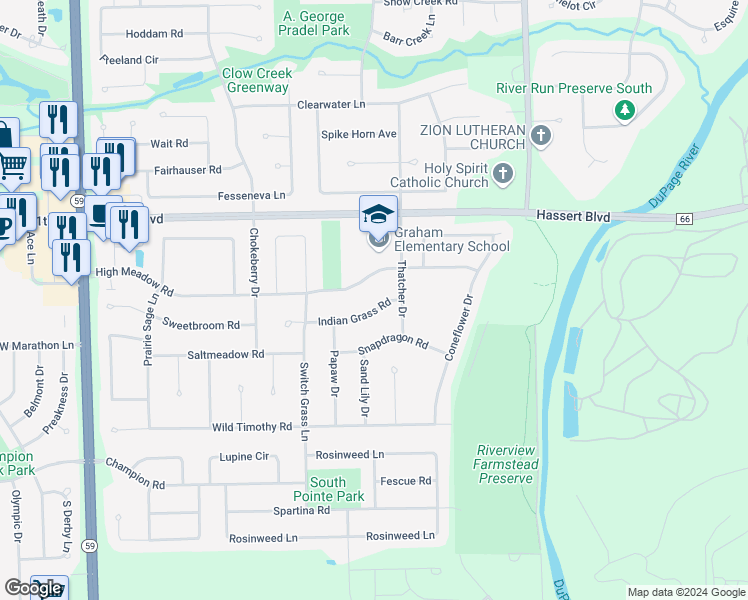 map of restaurants, bars, coffee shops, grocery stores, and more near 2324 Indian Grass Road in Naperville