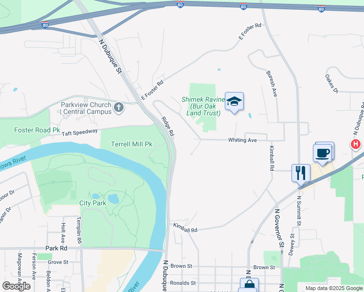 map of restaurants, bars, coffee shops, grocery stores, and more near 100 Mayflower Hall in Iowa City