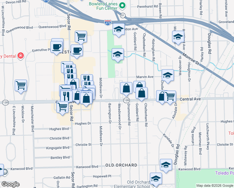 map of restaurants, bars, coffee shops, grocery stores, and more near 2956 Central Avenue in Toledo