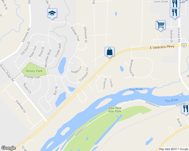 map of restaurants, bars, coffee shops, grocery stores, and more near 7308 U.S. 34 in Oswego