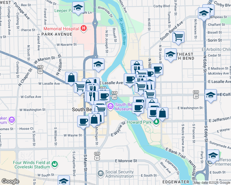map of restaurants, bars, coffee shops, grocery stores, and more near 316 East Colfax Avenue in South Bend