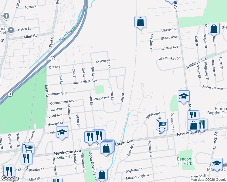 map of restaurants, bars, coffee shops, grocery stores, and more near 84 Prince Avenue in Newington