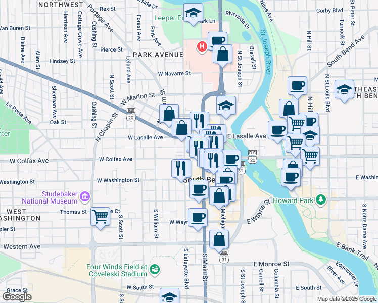 map of restaurants, bars, coffee shops, grocery stores, and more near in South Bend