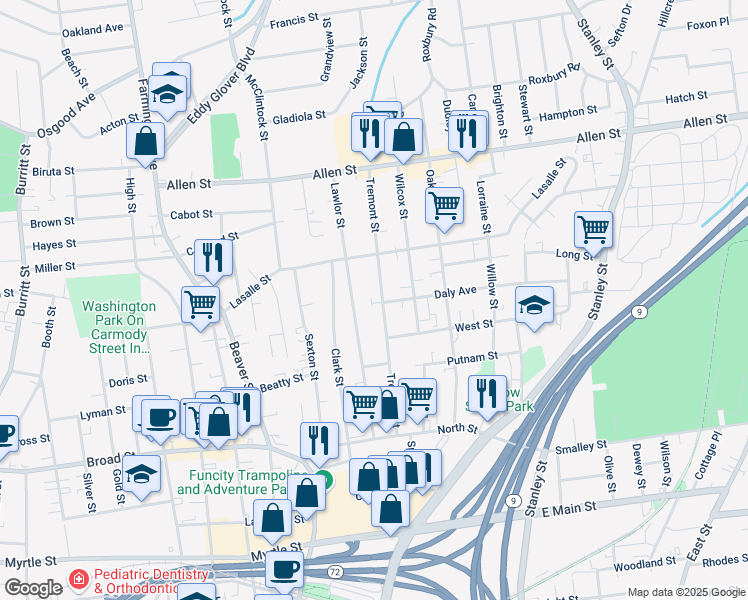 map of restaurants, bars, coffee shops, grocery stores, and more near 160 Tremont Street in New Britain