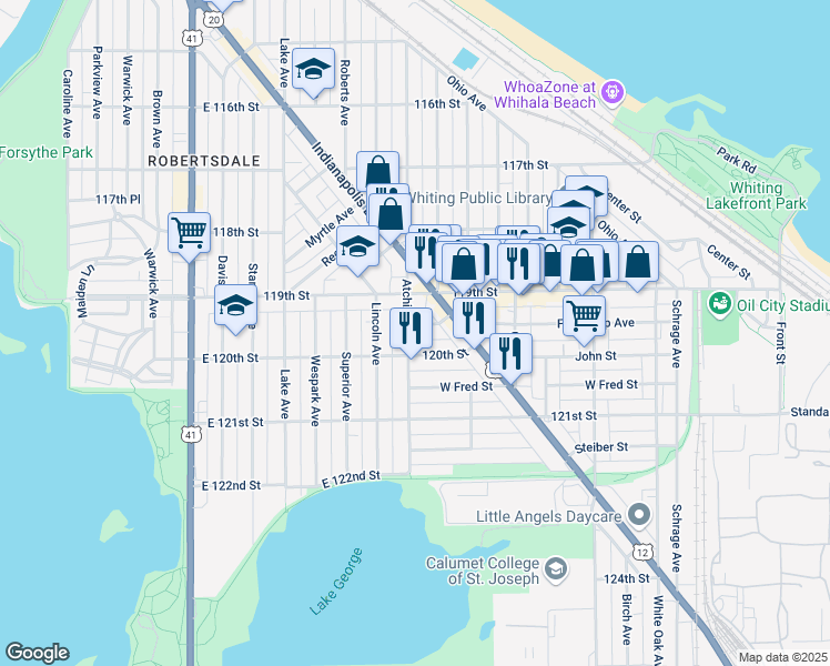 map of restaurants, bars, coffee shops, grocery stores, and more near 1213 120th Street in Whiting
