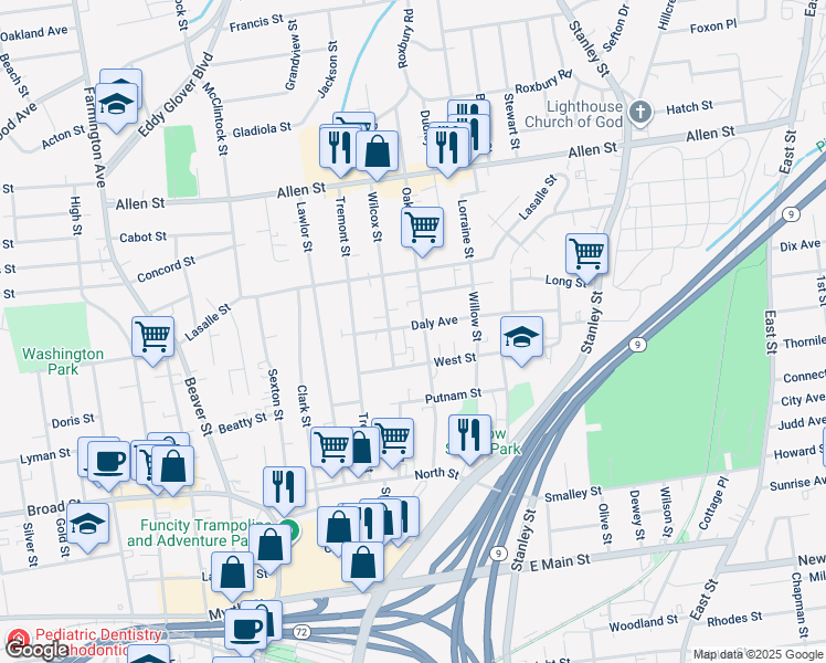 map of restaurants, bars, coffee shops, grocery stores, and more near 126 Oak Street in New Britain