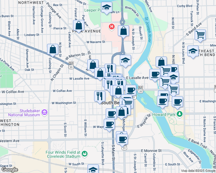 map of restaurants, bars, coffee shops, grocery stores, and more near 213 West Colfax Avenue in South Bend