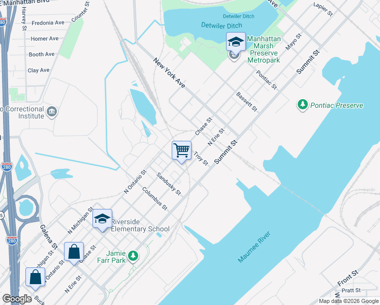 map of restaurants, bars, coffee shops, grocery stores, and more near 417 Troy Street in Toledo
