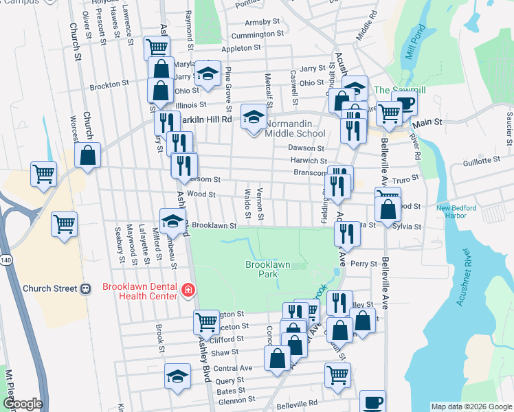 map of restaurants, bars, coffee shops, grocery stores, and more near 35-37 Vernon Street in New Bedford