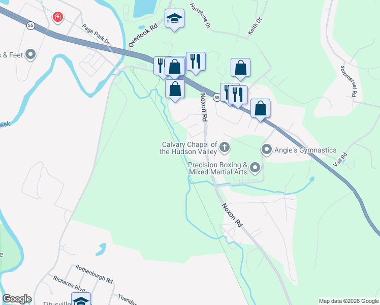 map of restaurants, bars, coffee shops, grocery stores, and more near 56 Noxon Road in Poughkeepsie
