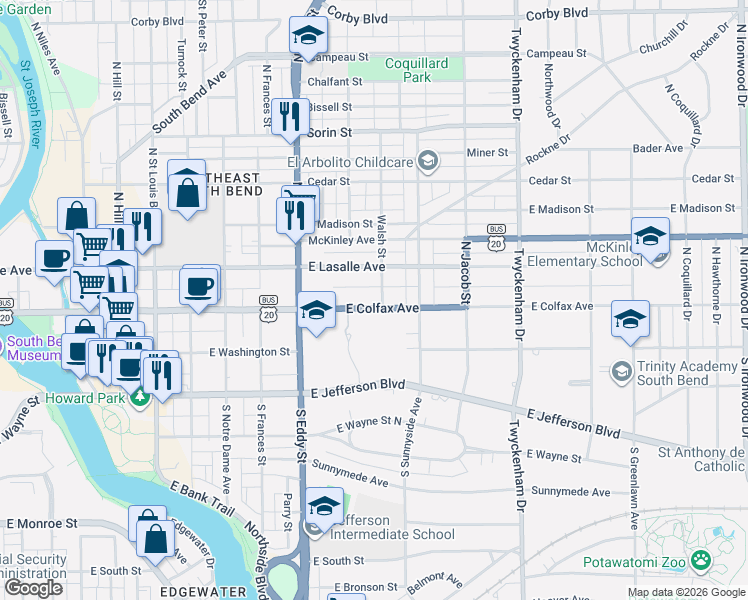 map of restaurants, bars, coffee shops, grocery stores, and more near 1158-1198 U.S. 20 Business in South Bend