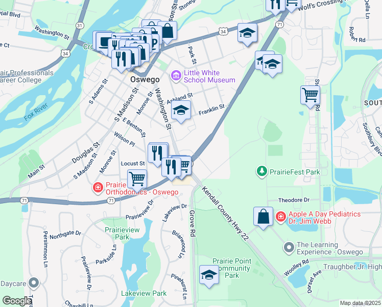 map of restaurants, bars, coffee shops, grocery stores, and more near 293 Calumet Street in Oswego