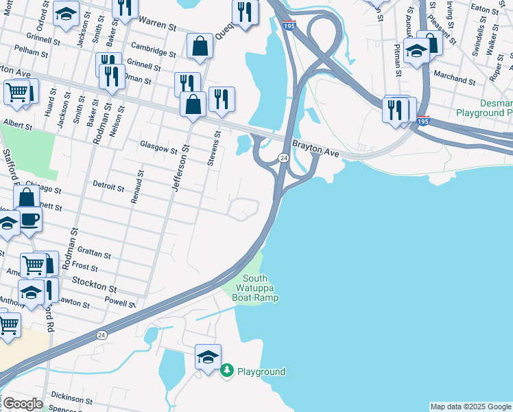 map of restaurants, bars, coffee shops, grocery stores, and more near 589 Detroit Street in Fall River