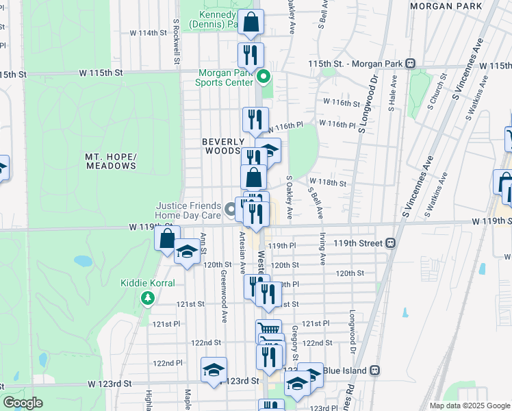 map of restaurants, bars, coffee shops, grocery stores, and more near 11858 South Western Avenue in Chicago