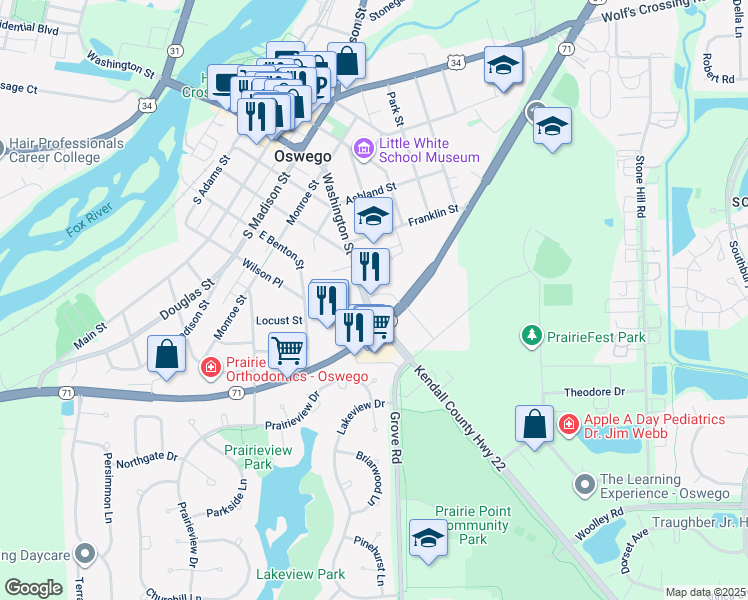map of restaurants, bars, coffee shops, grocery stores, and more near 227 East Washington Street in Oswego