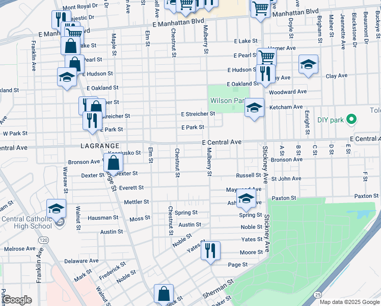 map of restaurants, bars, coffee shops, grocery stores, and more near 2914 Chestnut Street in Toledo